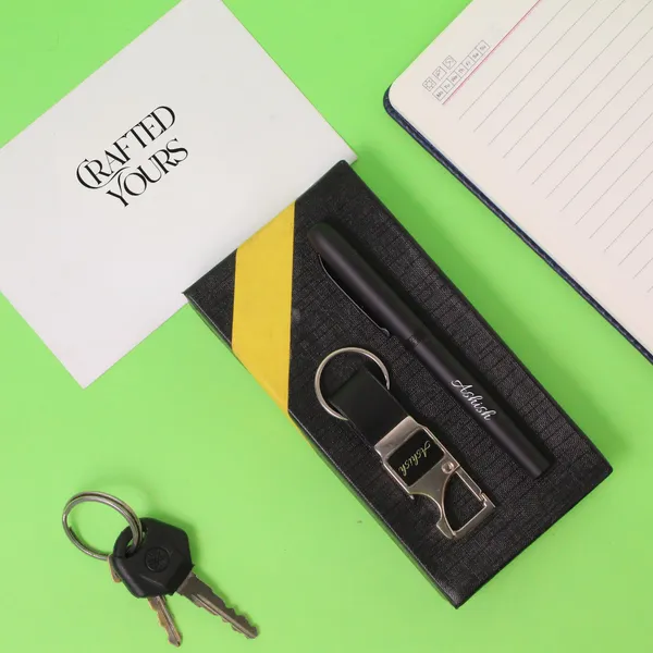 Black_Personalised_Premium_Magnetic_Pen_&_Bottle_Opner_Keychain_Combo