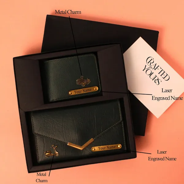 Green_Personalised_Ridge_Textured_Gents_Wallet_&_Ladies_Clutch_Couple_Combo