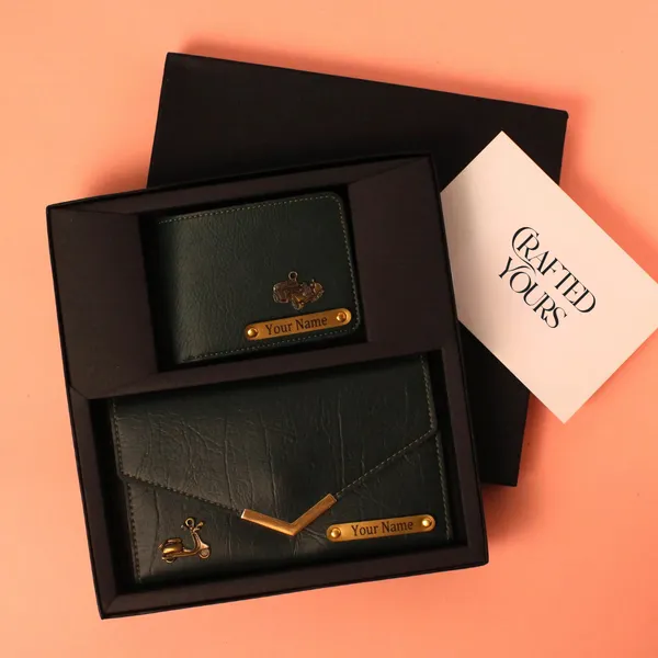 Green_Personalised_Ridge_Textured_Gents_Wallet_&_Ladies_Clutch_Couple_Combo
