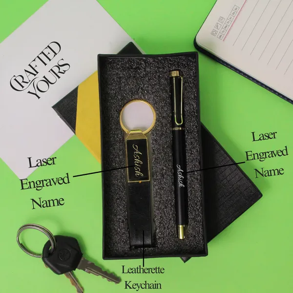 Black_&_Gold_Personalised_Gold_Clip_Matt_Black_Pen_With_Gold_Belt_Keychain_Combo