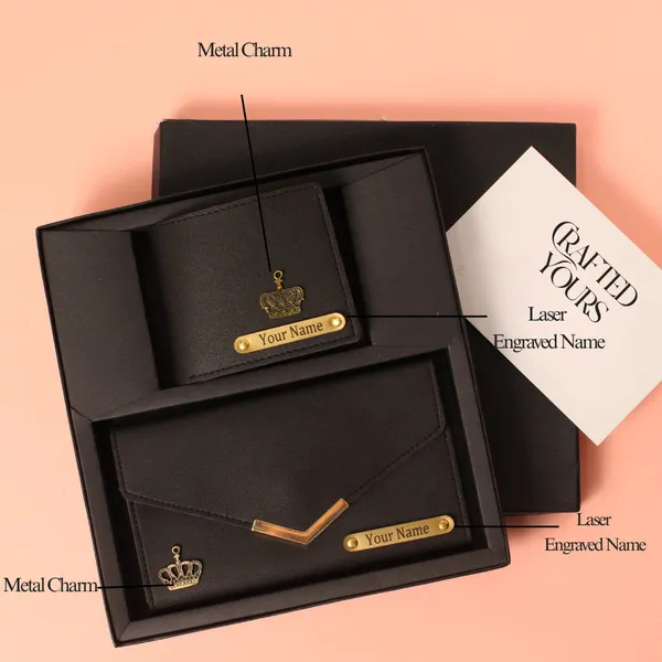 Black_Personalised_Pebble_Textured_Gents_Wallet_&_Ladies_Clutch_Couple_Combo