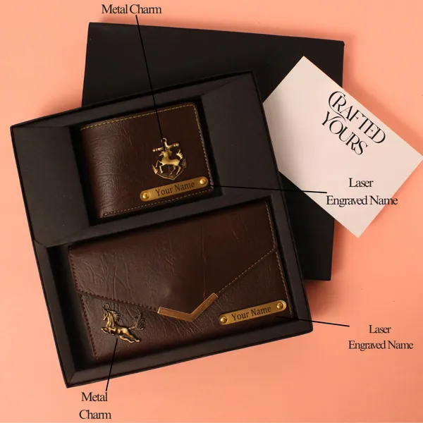 Brown_Personalised_Ridge_Textured_Gents_Wallet_&_Ladies_Clutch_Couple_Combo