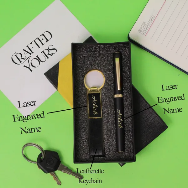Black_&_Gold_Personalised_Premium_Gold_Magnetic_Pen_&_Gold_Belt_Keychain_Combo
