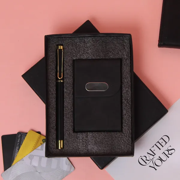 Black_&_Gold_Personalised_Gold_Clip_Matt_Black_Pen_With_Black_Cardholder_Combo