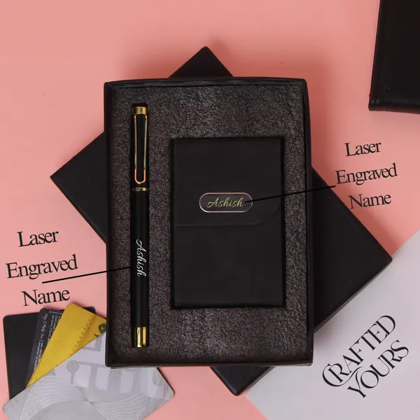 Black_&_Gold_Personalised_Gold_Clip_Matt_Black_Pen_With_Black_Cardholder_Combo