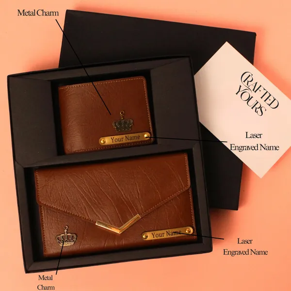 Tan_Personalised_Ridge_Textured_Gents_Wallet_&_Ladies_Clutch_Couple_Combo