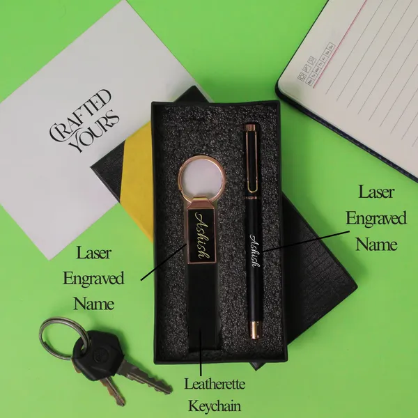 Black_&_Rose_Gold_Personalised_Rose_Gold_Clip_Matt_Black_Pen_With_Rose_Gold_Belt_Keychain_Combo