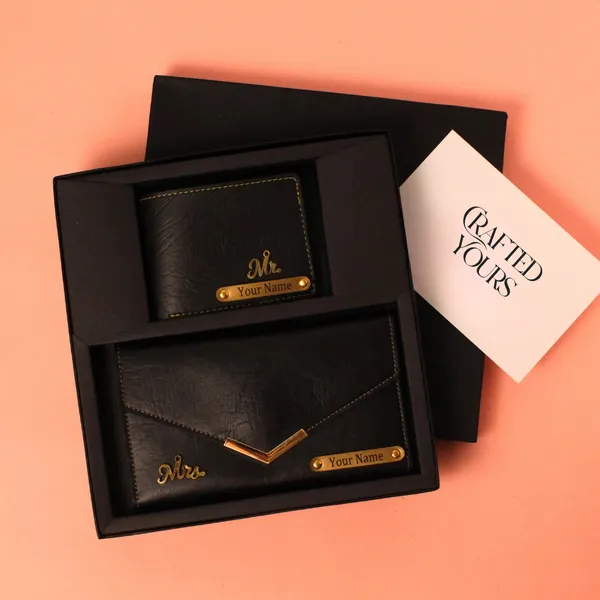 Black_Personalised_Ridge_Textured_Gents_Wallet_&_Ladies_Clutch_Couple_Combo