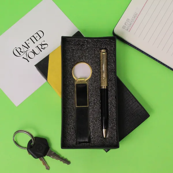 Black_&_Gold_Personalised_Gold_Motif_Pen_&_Belt_Keychain_Combo