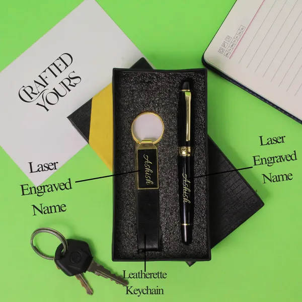 Black_&_Gold_Personalised_Premium_Gold_Trim_Roller_Pen_&_Gold_Belt_Keychain_Combo