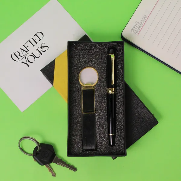 Black_&_Gold_Personalised_Premium_Gold_Trim_Roller_Pen_&_Gold_Belt_Keychain_Combo