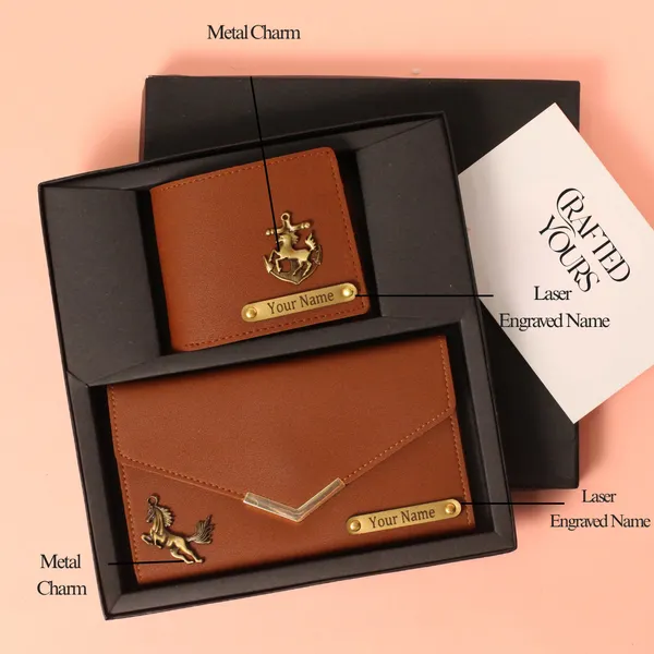 Tan_Personalised_Pebble_Textured_Gents_Wallet_&_Ladies_Clutch_Couple_Combo