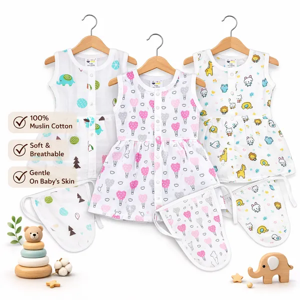 Muslin_Cotton_Frock_With_Nappy_-_Bunny_+_Pinky_+_Zoo_Creatures