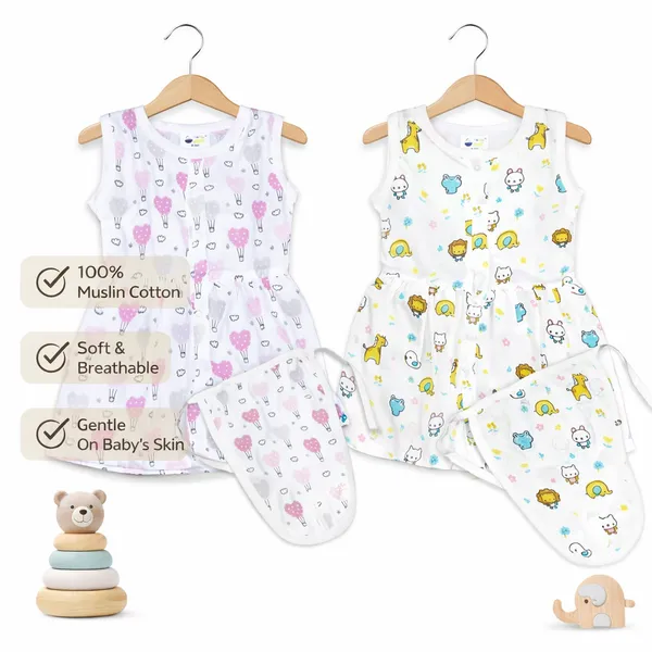 Muslin_Cotton_Frock_With_Nappy_-_Pinky_+_Zoo_Creatures