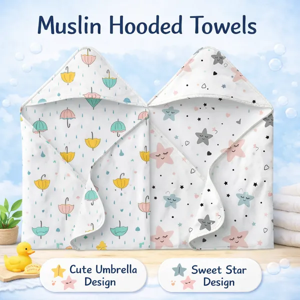 Muslin_Cotton_Hooded_Towel_|_70X70_Cm_|_Single_Layer_Towel_|_Stars_&_Umbrella_Print