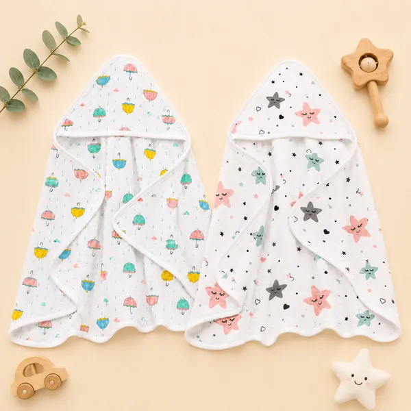 Muslin_Cotton_Hooded_Towel_|_70X70_Cm_|_Single_Layer_Towel_|_Stars_&_Umbrella_Print