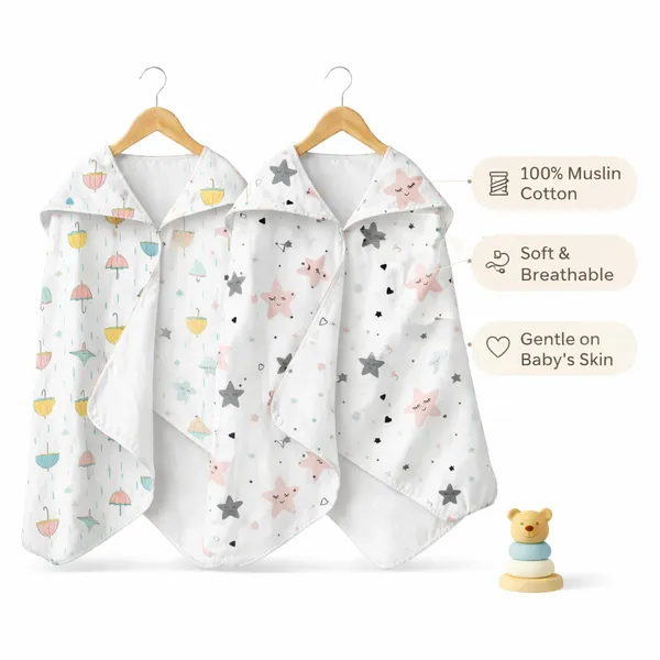 Muslin_Cotton_Hooded_Towel_|_70X70_Cm_|_Single_Layer_Towel_|_Stars_&_Umbrella_Print