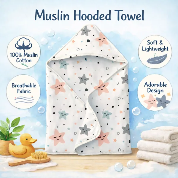 Muslin_Cotton_Hooded_Towel_|_70X70_Cm_|_Single_Layer_Towel_|_Twinkling_Stars_Print
