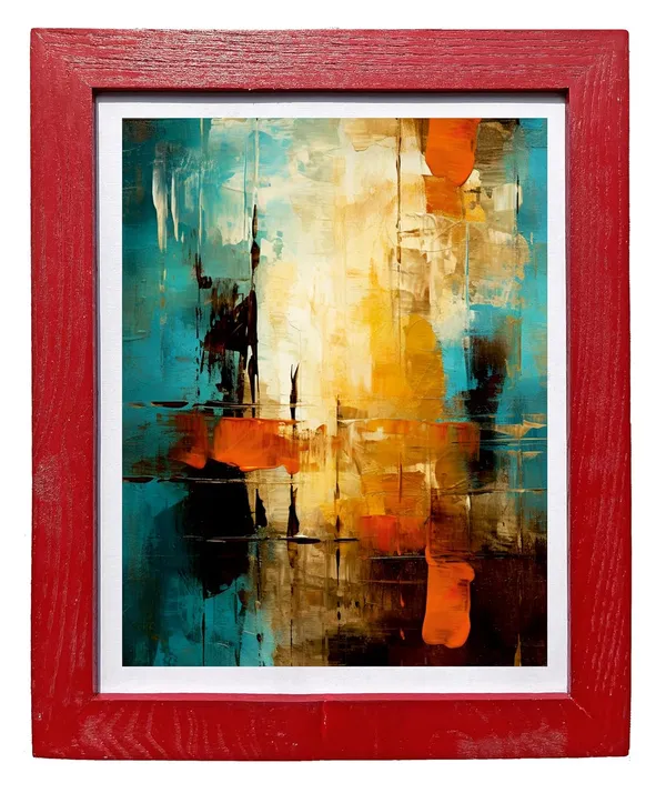 CRAFT_N_CREATIONS_Abstract_Wall_Art_Canvas_Print,_Turquoise_and_Orange_Modern_Painting_with_Blue_Frame,_Contemporary_Home_Decor_10"_x_8"_(Red)