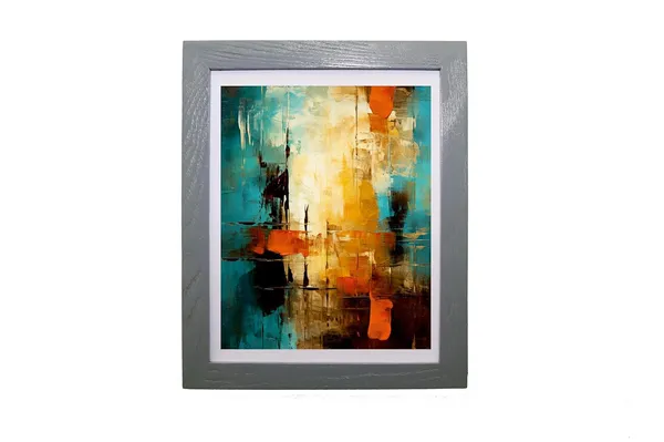 CRAFT_N_CREATIONS_Abstract_Wall_Art_Canvas_Print,_Turquoise_and_Orange_Modern_Painting_with_Blue_Frame,_Contemporary_Home_Decor_10"_x_8"_(Grey)
