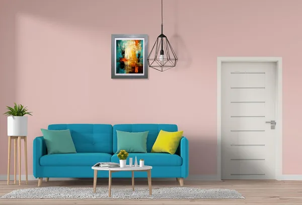 CRAFT_N_CREATIONS_Abstract_Wall_Art_Canvas_Print,_Turquoise_and_Orange_Modern_Painting_with_Blue_Frame,_Contemporary_Home_Decor_10"_x_8"_(Grey)