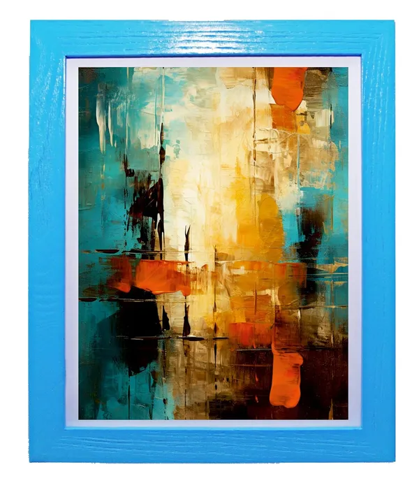 CRAFT_N_CREATIONS_Abstract_Wall_Art_Canvas_Print,_Turquoise_and_Orange_Modern_Painting_with_Blue_Frame,_Contemporary_Home_Decor_10"_x_8"_(Blue)