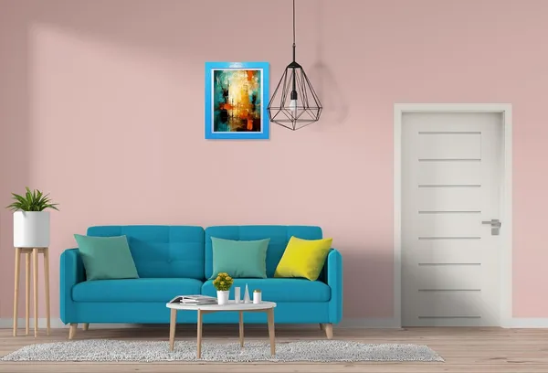 CRAFT_N_CREATIONS_Abstract_Wall_Art_Canvas_Print,_Turquoise_and_Orange_Modern_Painting_with_Blue_Frame,_Contemporary_Home_Decor_10"_x_8"_(Blue)