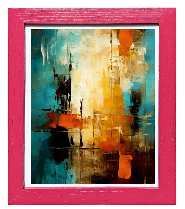 CRAFT_N_CREATIONS_Abstract_Wall_Art_Canvas_Print,_Turquoise_and_Orange_Modern_Painting_with_Blue_Frame,_Contemporary_Home_Decor_10"_x_8"_(Pink)