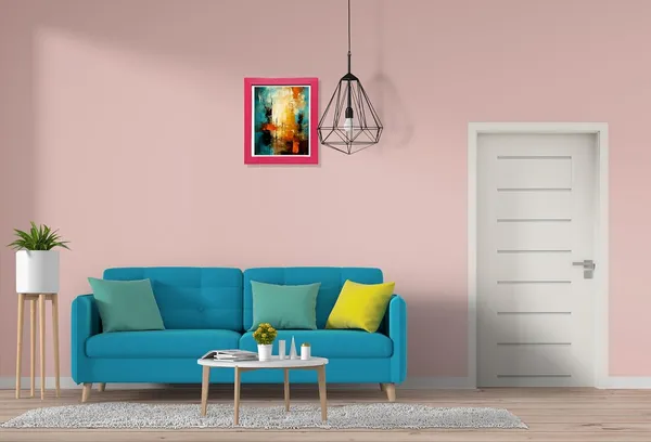 CRAFT_N_CREATIONS_Abstract_Wall_Art_Canvas_Print,_Turquoise_and_Orange_Modern_Painting_with_Blue_Frame,_Contemporary_Home_Decor_10"_x_8"_(Pink)