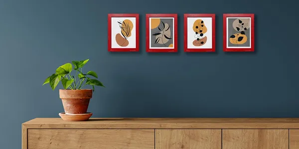 Craft_N_Creations_Abstract_Botanical_Harmony_minimal_natural_wall_Art,_25.4_x_20.3_cm,_American_Oak_Wood_Frame,_Set_of_4,_(Red)