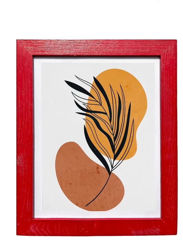 Craft_N_Creations_Abstract_Botanical_Harmony_minimal_natural_wall_Art,_25.4_x_20.3_cm,_American_Oak_Wood_Frame,_Set_of_4,_(Red)