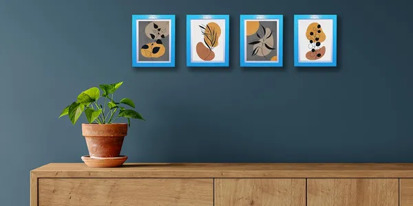 Craft_N_Creations_Abstract_Botanical_Harmony_minimal_natural_wall_Art,_25.4_x_20.3_cm,_American_Oak_Wood_Frame,_Set_of_4,_(Blue)