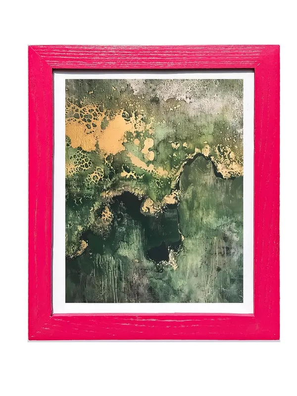 CRAFT_N_CREATIONS_Abstract_Mountain_Landscape_Wall_Art,_Green_and_Gold_Mixed_Media_Print_with_Metallic_Foil,_40_x_30_cm,_Wood_Frame_(PINK,_16"_X_12",_Framed)