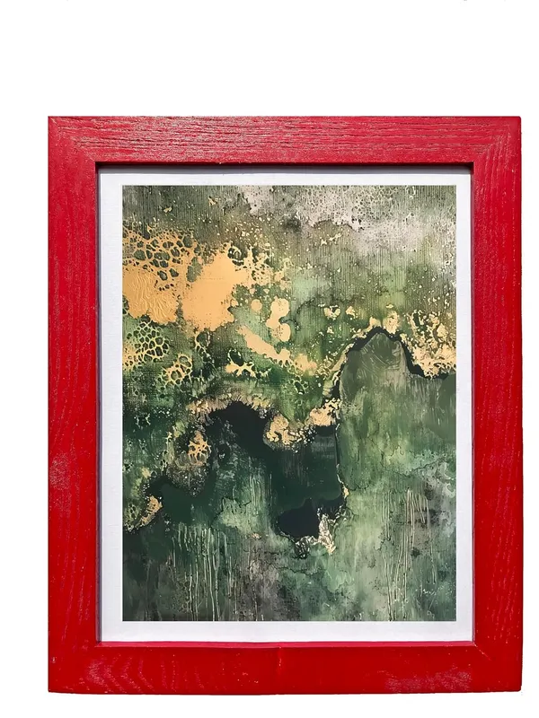 CRAFT_N_CREATIONS_Abstract_Mountain_Landscape_Wall_Art,_Green_and_Gold_Mixed_Media_Print_with_Metallic_Foil,_40_x_30_cm,_Wood_Frame_(RED,_14"_X_10",_Framed)