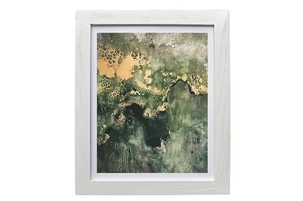 CRAFT_N_CREATIONS_Abstract_Mountain_Landscape_Wall_Art,_Green_and_Gold_Mixed_Media_Print_with_Metallic_Foil,_40_x_30_cm,_Wood_Frame_(WHITE,_10"_X_8",_Framed)