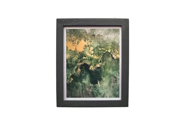 CRAFT_N_CREATIONS_Abstract_Mountain_Landscape_Wall_Art,_Green_and_Gold_Mixed_Media_Print_with_Metallic_Foil,_40_x_30_cm,_Wood_Frame_(BLACK,_10"_X_8",_Framed)