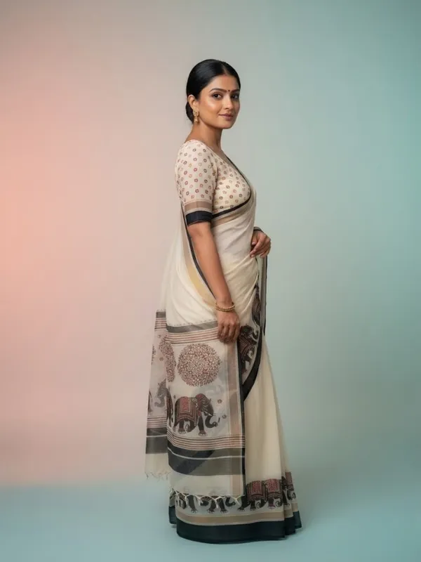 Cream_&_Black_Block_Printed_Saree_With_Elephant_Motifs