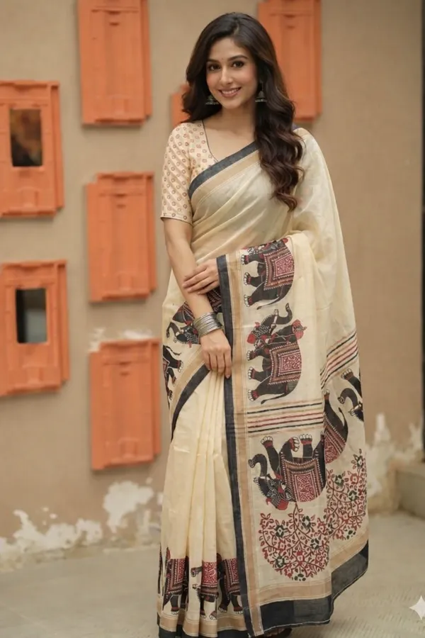 Cream_&_Black_Block_Printed_Saree_With_Elephant_Motifs