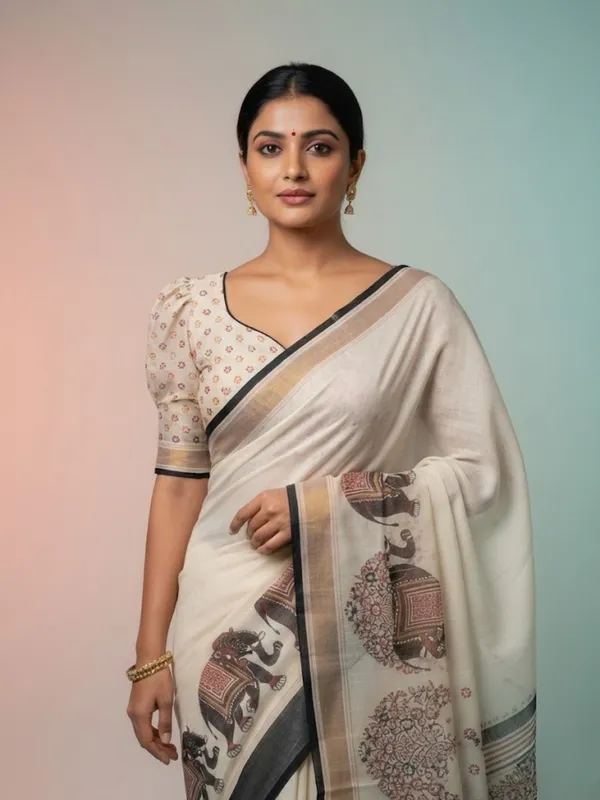 Cream_&_Black_Block_Printed_Saree_With_Elephant_Motifs