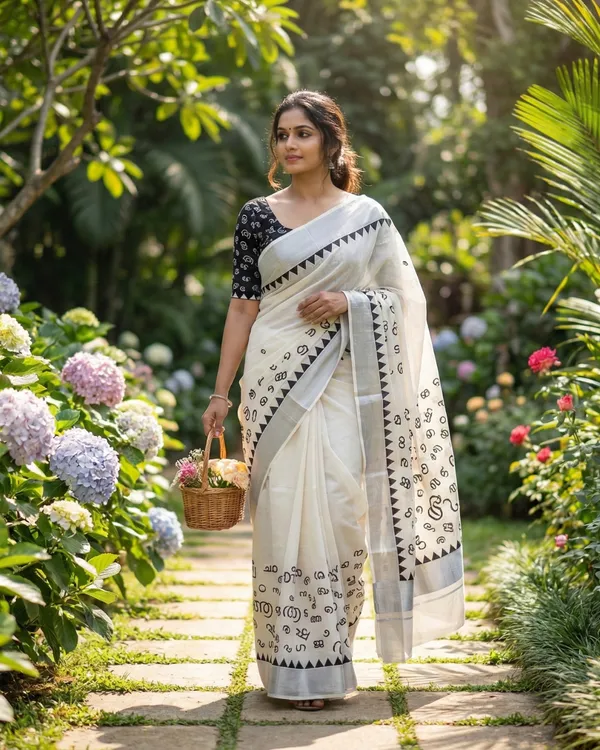 Off_White_And_Ivory_With_Silver_Border_&_Black_Script_Motifs_Akshara_Kasavu_Silver_Script_Motif_Kerala_Saree
