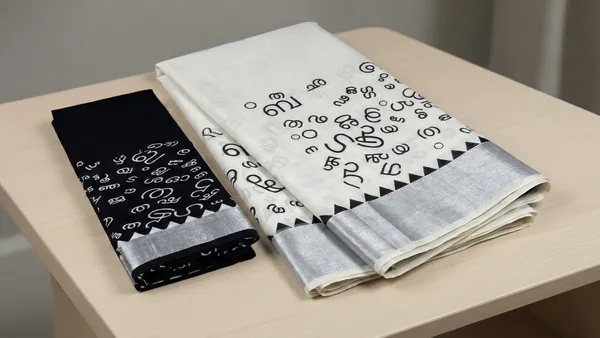 Off_White_And_Ivory_With_Silver_Border_&_Black_Script_Motifs_Akshara_Kasavu_Silver_Script_Motif_Kerala_Saree