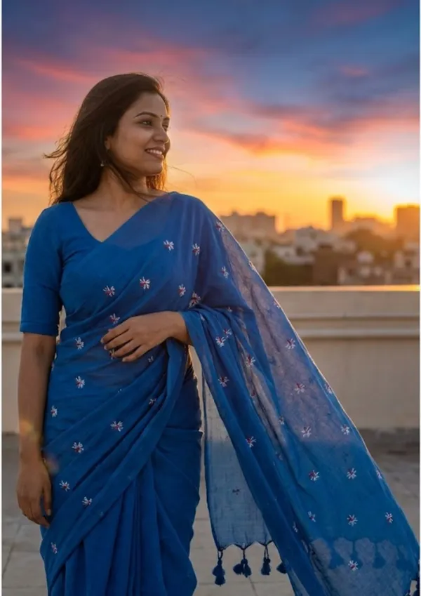 Azure_Blue_Khadi_Cotton_Saree_With_Floral_Embroidery_&_Tassels