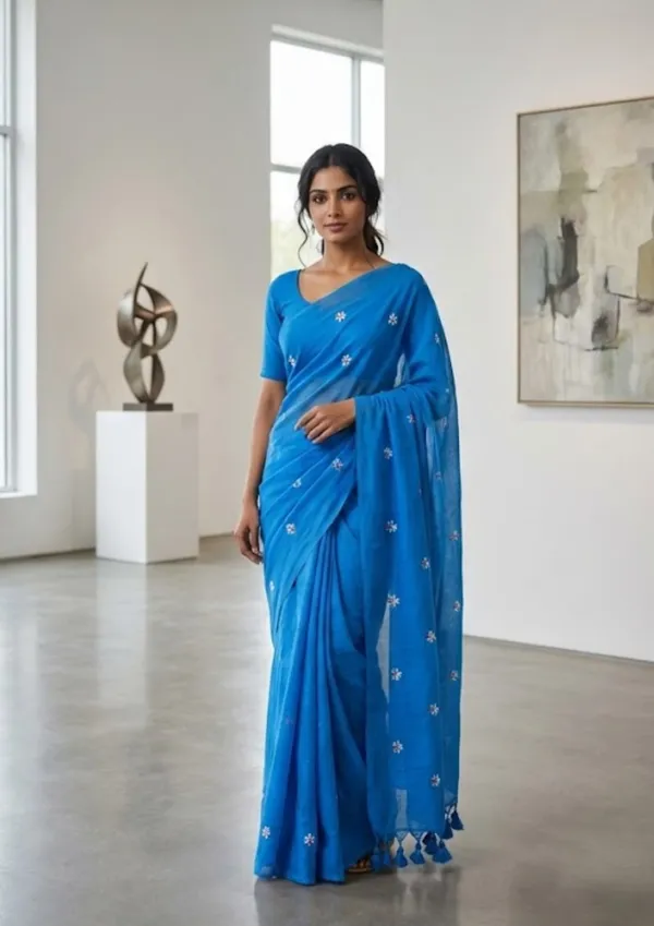 Azure_Blue_Khadi_Cotton_Saree_With_Floral_Embroidery_&_Tassels