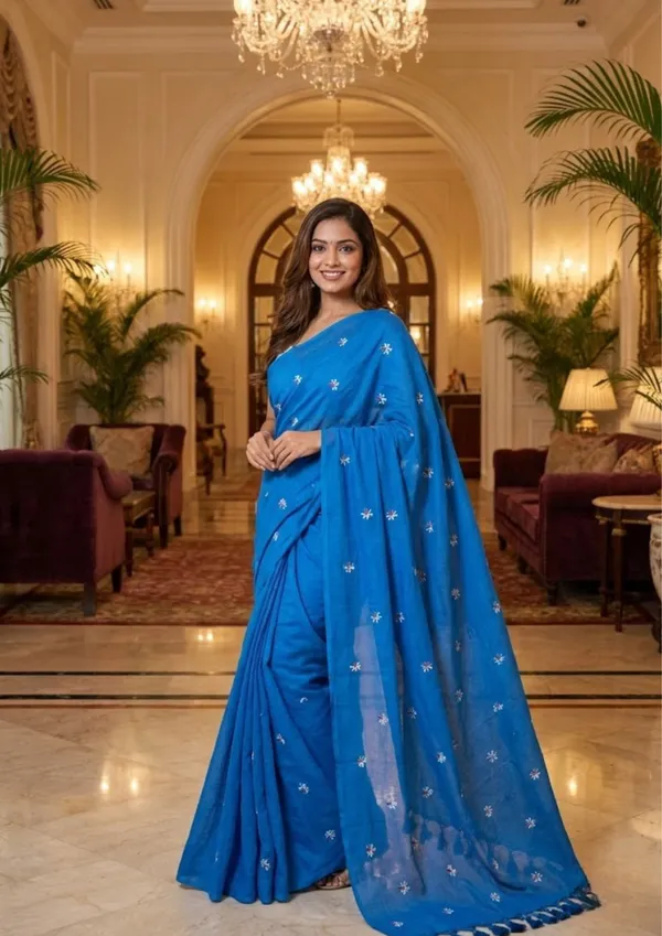 Azure_Blue_Khadi_Cotton_Saree_With_Floral_Embroidery_&_Tassels