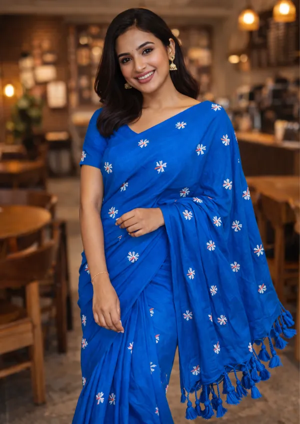 Azure_Blue_Khadi_Cotton_Saree_With_Floral_Embroidery_&_Tassels