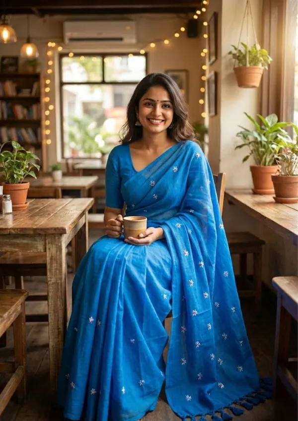 Azure_Blue_Khadi_Cotton_Saree_With_Floral_Embroidery_&_Tassels