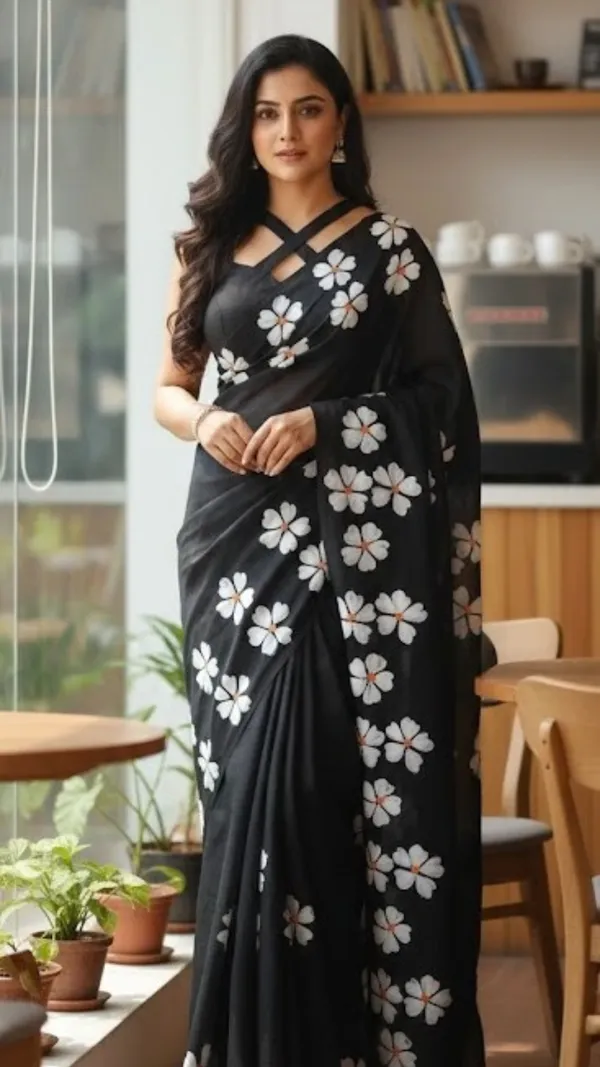 Black_With_White_Floral_Print_Floral_Khadi_Cotton_Saree