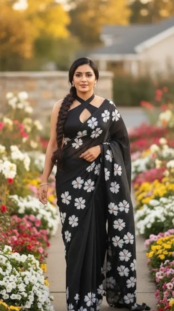 Black_With_White_Floral_Print_Floral_Khadi_Cotton_Saree