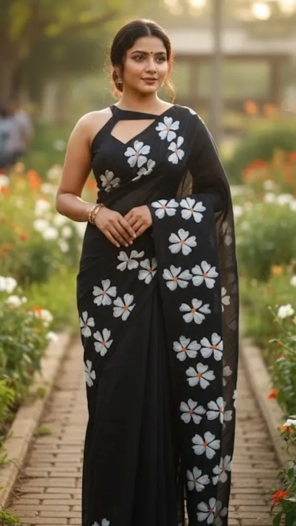 Black_With_White_Floral_Print_Floral_Khadi_Cotton_Saree