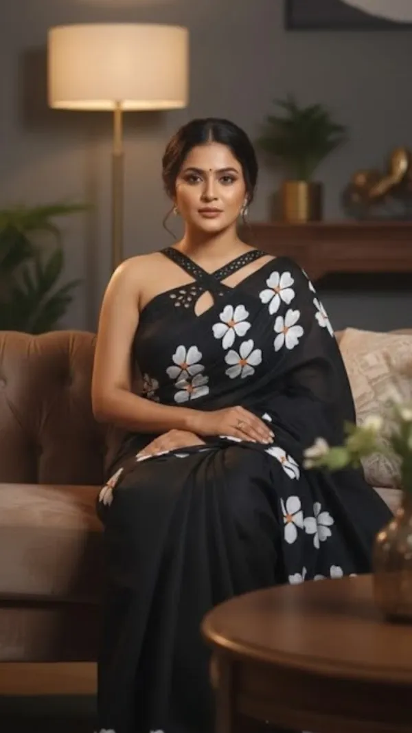 Black_With_White_Floral_Print_Floral_Khadi_Cotton_Saree